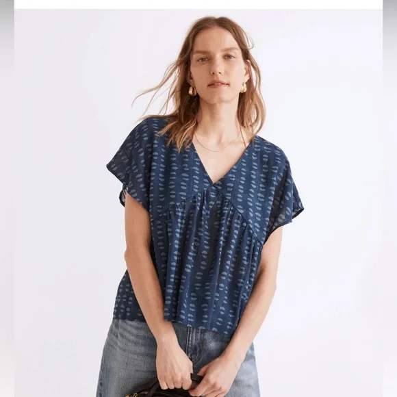 Madewell Shirred Top Indigo Blockprint XS - Picture 5 of 6